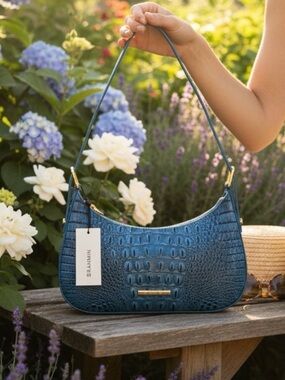 Brahmin Blue Teal Croc-Embossed Shoulder Bag